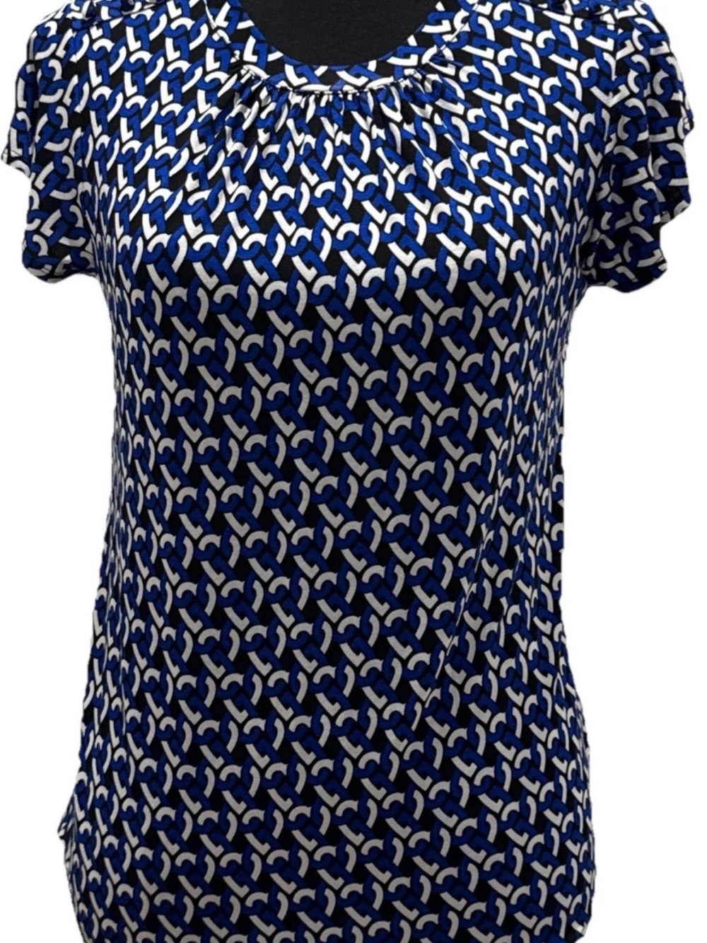 Liz Claiborne Women's Short Sleeve Blue/White Blouse, Heart Design, Size XS, NWT